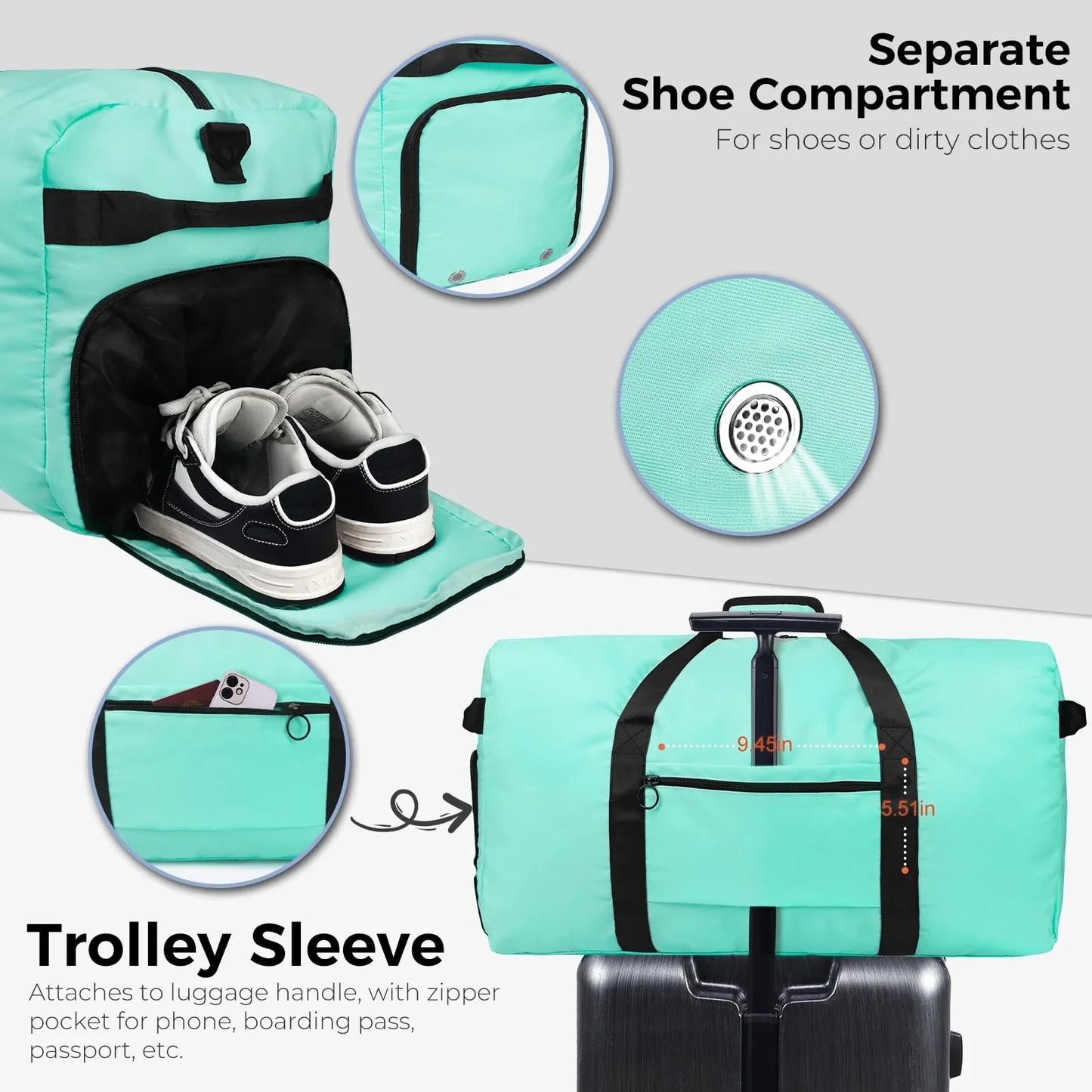 Fmeida 65L Unisex Adult Travel Duffel Bag, Large Gym Bag with Shoe Compartment and Shoulder Strap, Waterproof Duffel Bag Sports Bag, Black, Duffel bag with shoe compartment - STREET STYLE