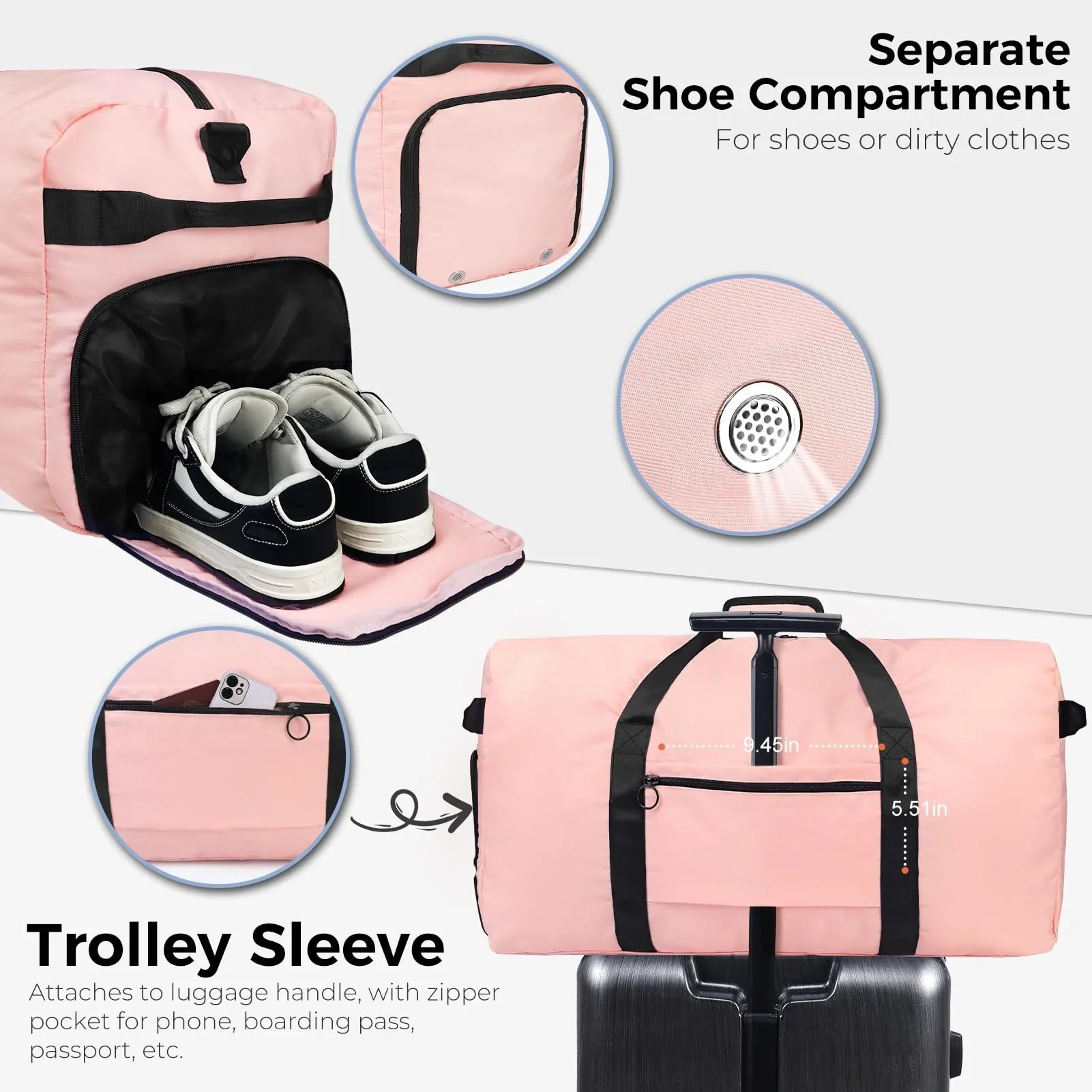 Fmeida 65L Unisex Adult Travel Duffel Bag, Large Gym Bag with Shoe Compartment and Shoulder Strap, Waterproof Duffel Bag Sports Bag, Black, Duffel bag with shoe compartment - STREET STYLE