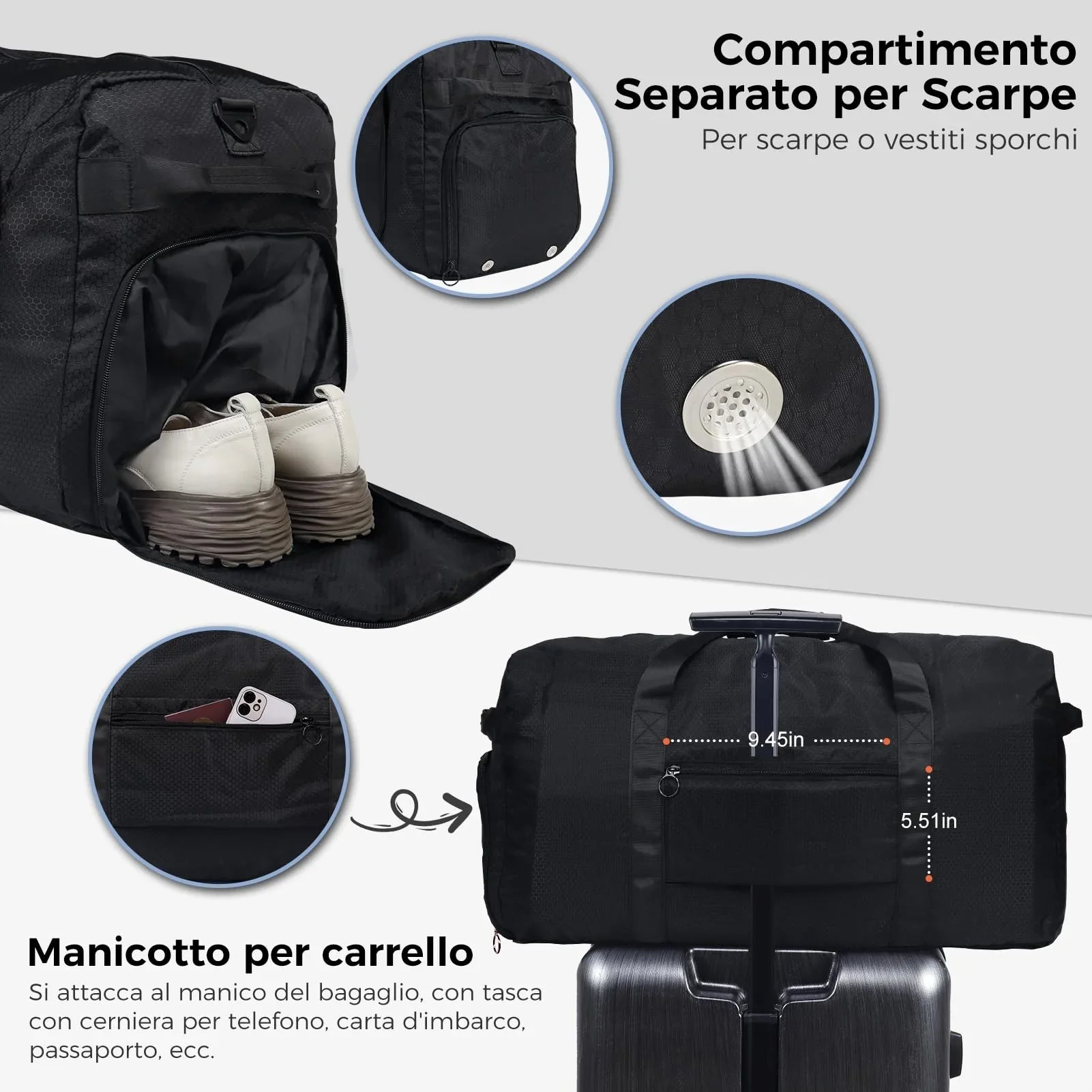 Fmeida 65L Unisex Adult Travel Duffel Bag, Large Gym Bag with Shoe Compartment and Shoulder Strap, Waterproof Duffel Bag Sports Bag, Black, Duffel bag with shoe compartment - STREET STYLE