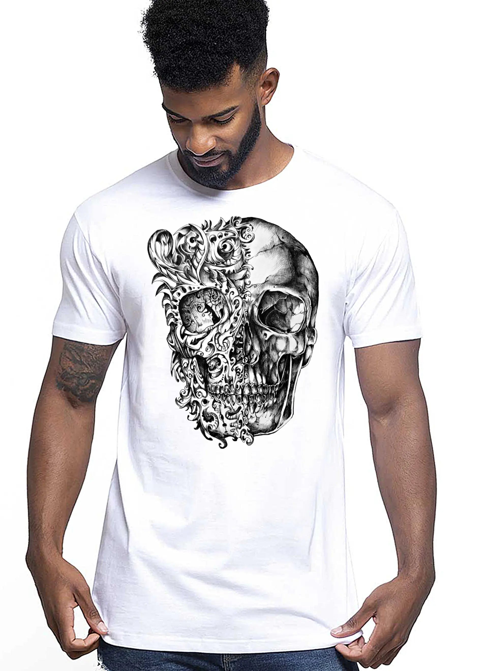 Artskull Floreal Skull Zombi Tattoo 9016 T-shirt Urban Men Uomo 100% Cotone Pettinato JK STREET STYLE