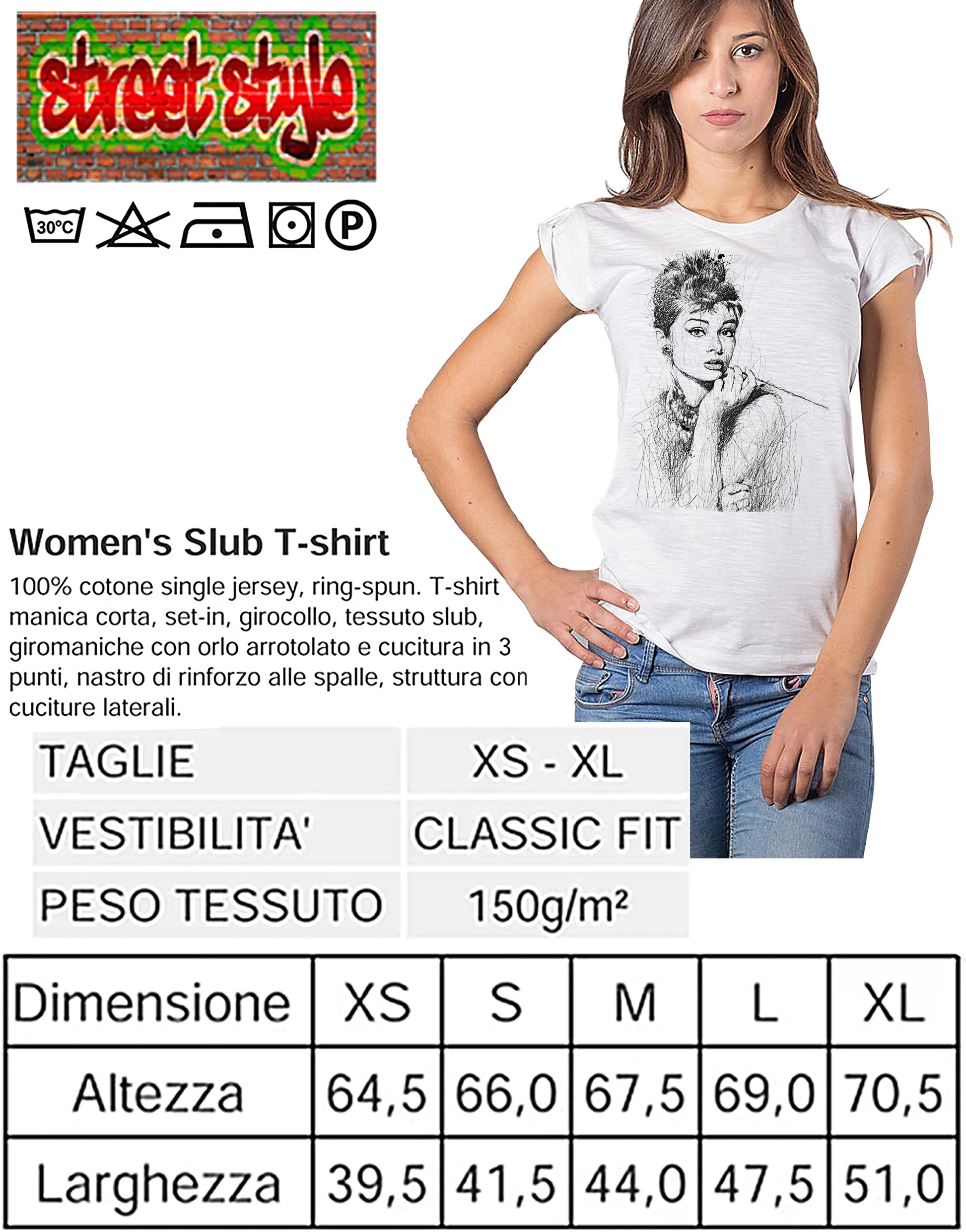 Audrey Hepburn Stilizzato The legend Attrice Cinema Soggetto 18-29 Moda Urban Slub Lady Donna 100% Cotone Fiammato BS STREET STYLE