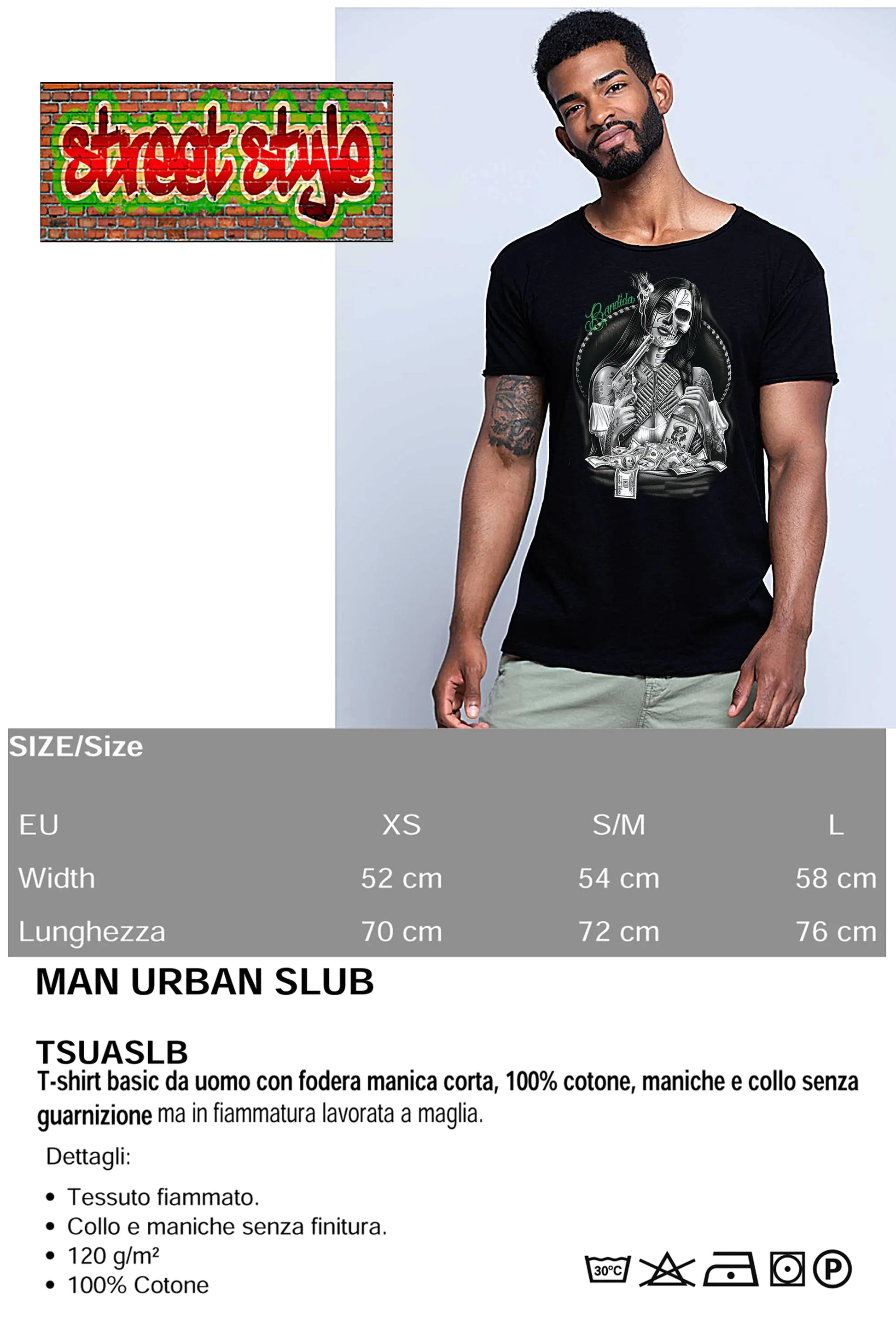 Bandida Gonzales Tattoo Skull 9050-3 T-shirt Urban Slub Men Uomo 100% Cotone Fiammato JK STREET STYLE