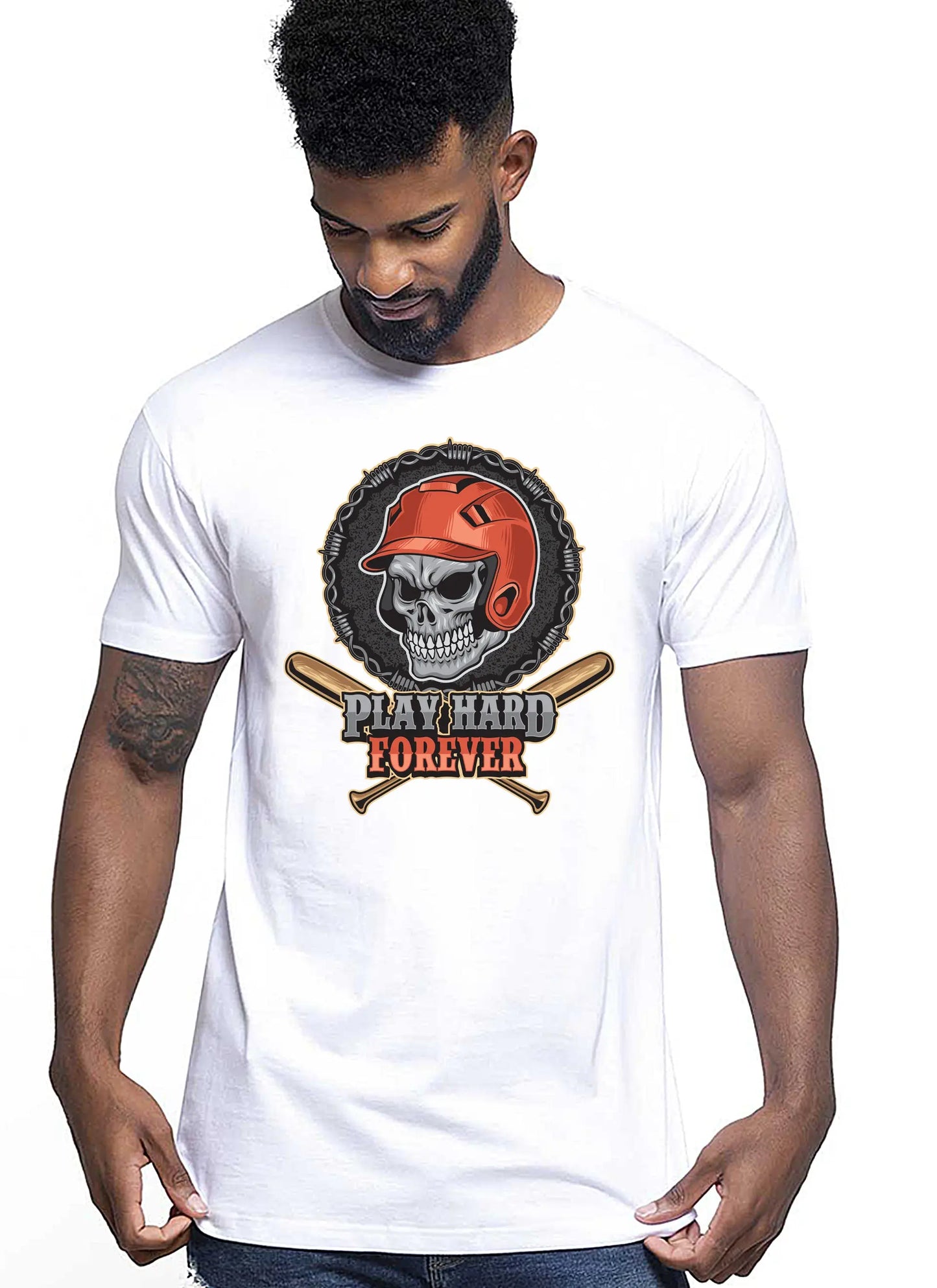 Baseball Skull Motor Tattoo 9052 T-shirt Urban Men Uomo 100% Cotone Pettinato JK STREET STYLE