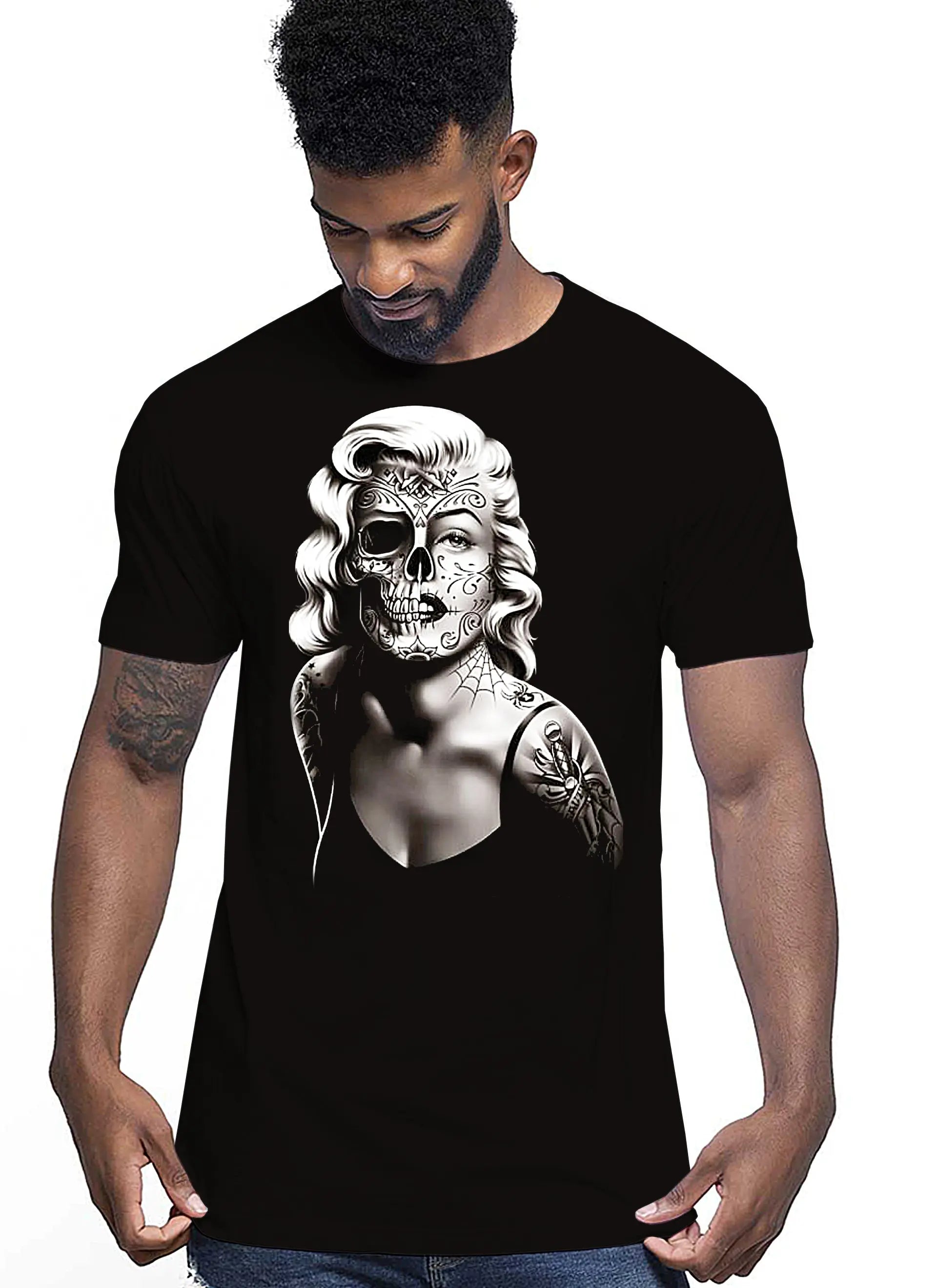 Biface Marilyn Monroe Skull Zombi Tattoo 9018-4 T-shirt Urban Men Uomo 100% Cotone Pettinato JK STREET STYLE