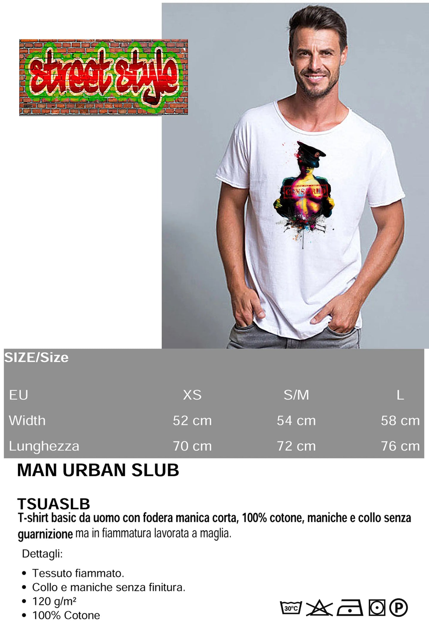 Censored Color Artistico Stilizzato 18-20-44 T-shirt Urban Slub Men Uomo 100% Cotone Fiammato JK STREET STYLE