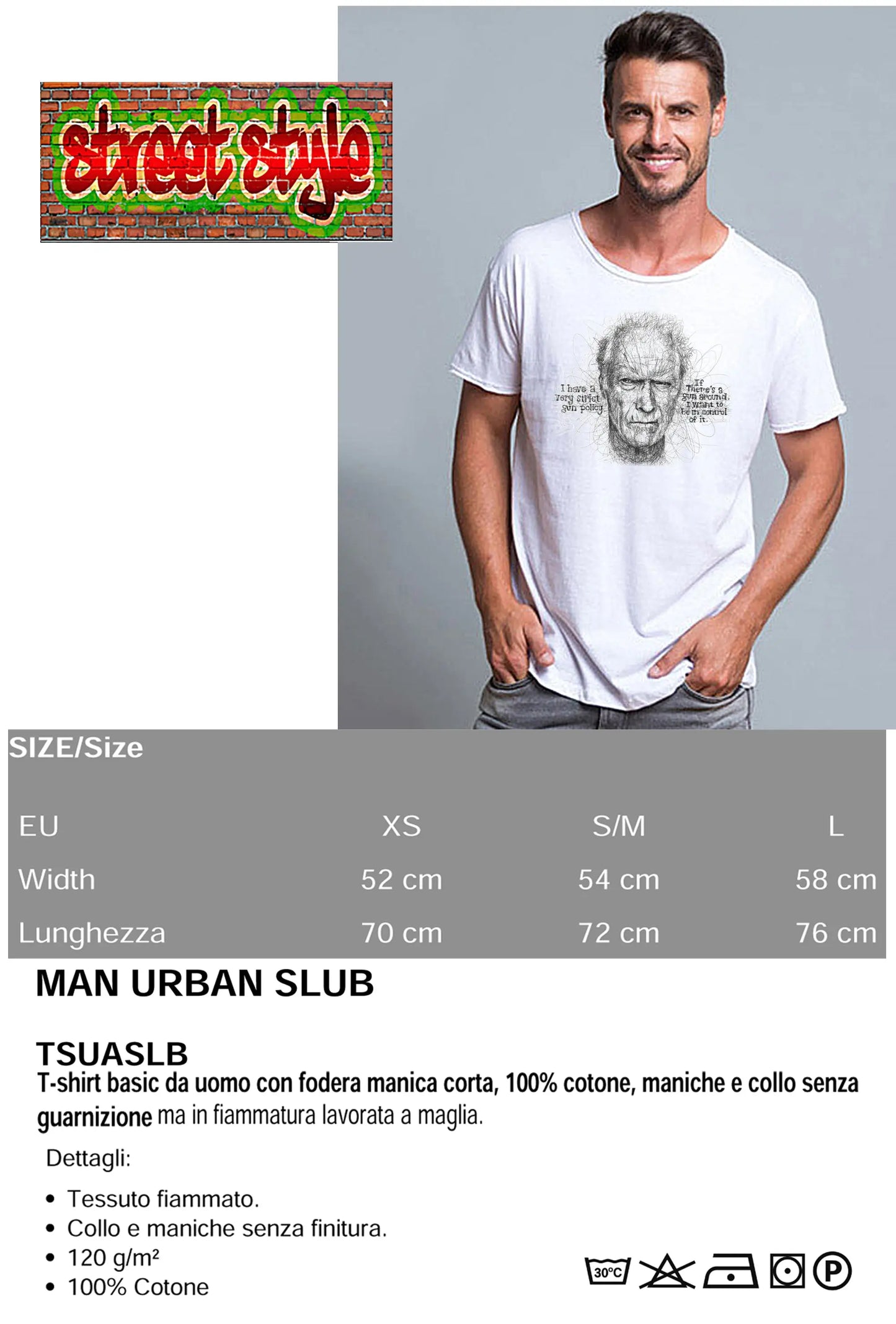 Clint Eastwood Stilizzato Soggetto attore Cinema 18-26 T-shirt Urban Slub Men Uomo 100% Cotone Fiammato JK STREET STYLE