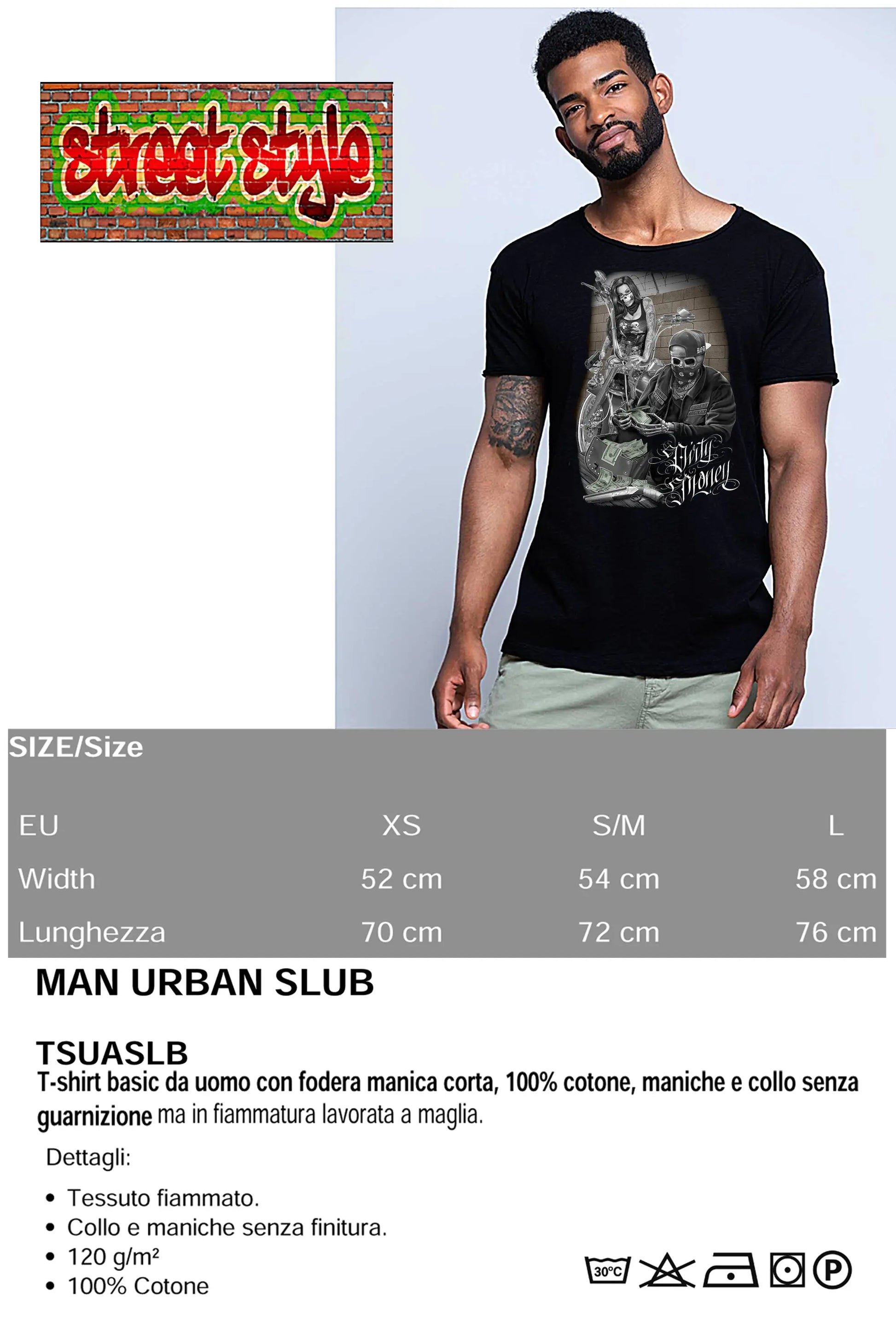 Dirty Money Tattoo Skull 9050-27 T-shirt Urban Slub Men Uomo 100% Cotone Fiammato JK STREET STYLE