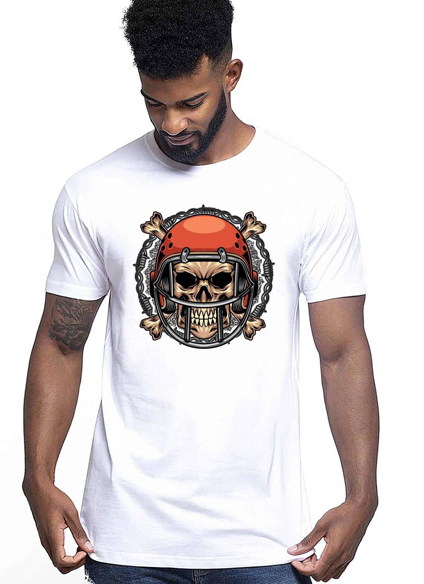 Football Skull Motor Tattoo 9041 T-shirt Urban Men Uomo 100% Cotone Pettinato JK STREET STYLE