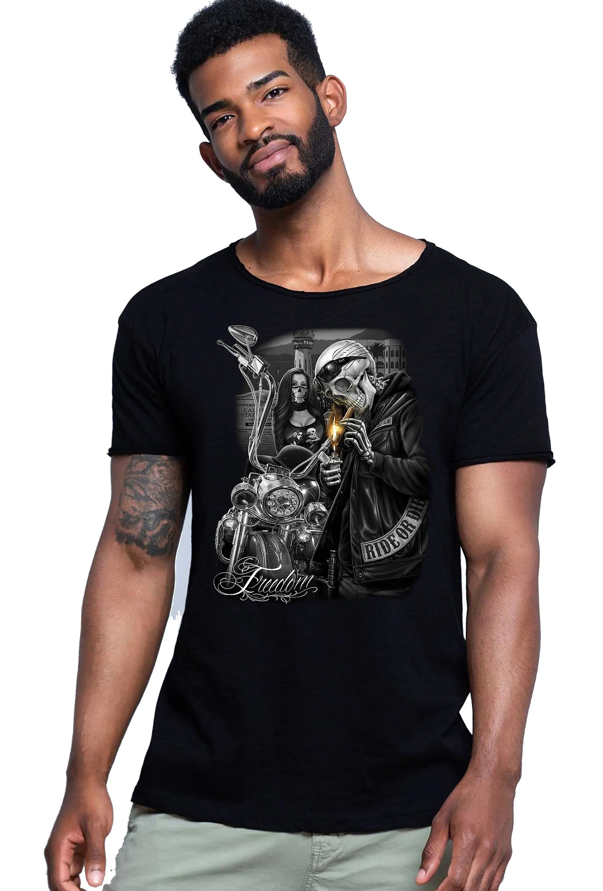 Freedom Tattoo Skull 9050-16 T-shirt Urban Slub Men Uomo 100% Cotone Fiammato JK STREET STYLE