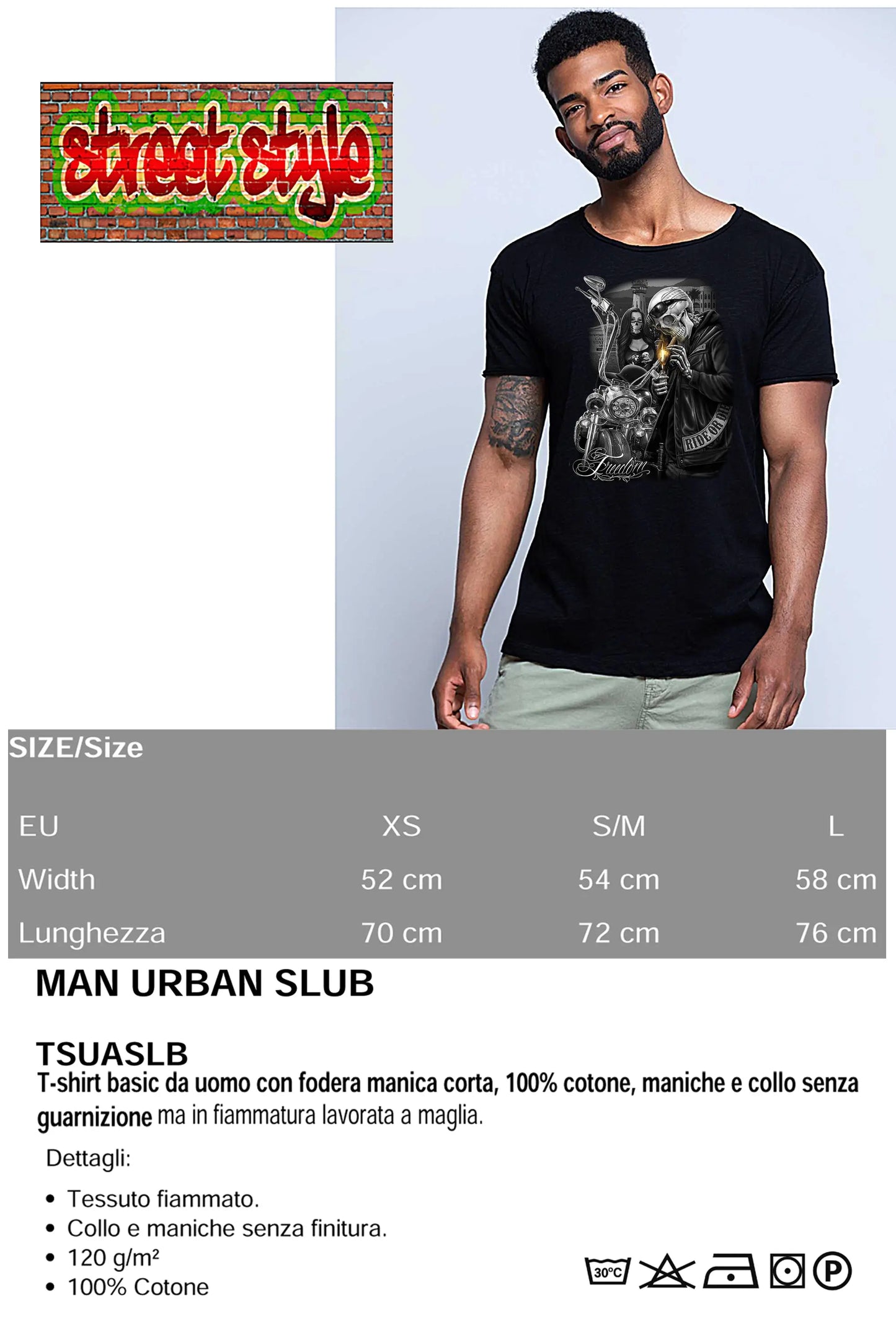 Freedom Tattoo Skull 9050-16 T-shirt Urban Slub Men Uomo 100% Cotone Fiammato JK STREET STYLE