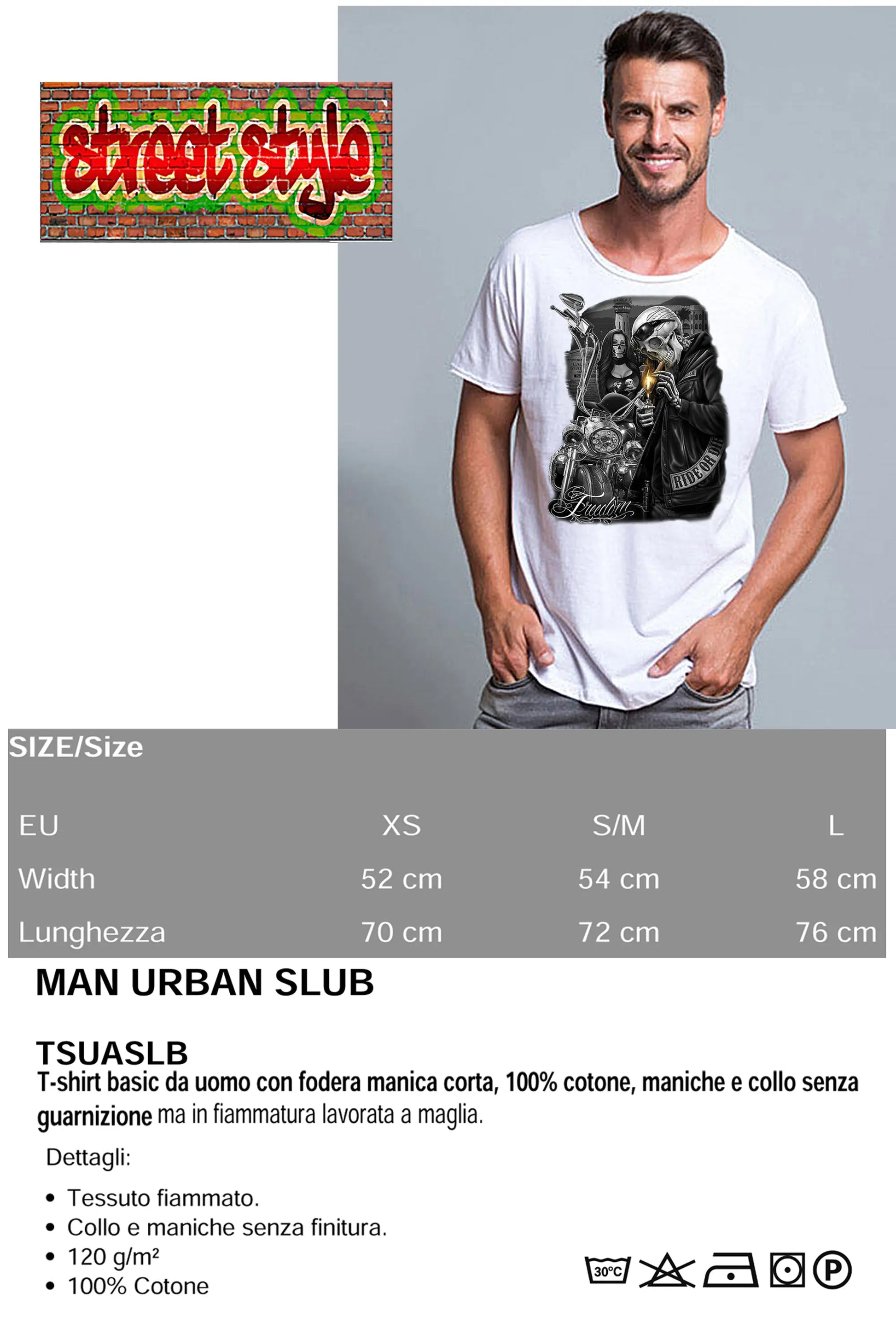 Freedom Tattoo Skull 9050-16 T-shirt Urban Slub Men Uomo 100% Cotone Fiammato JK STREET STYLE