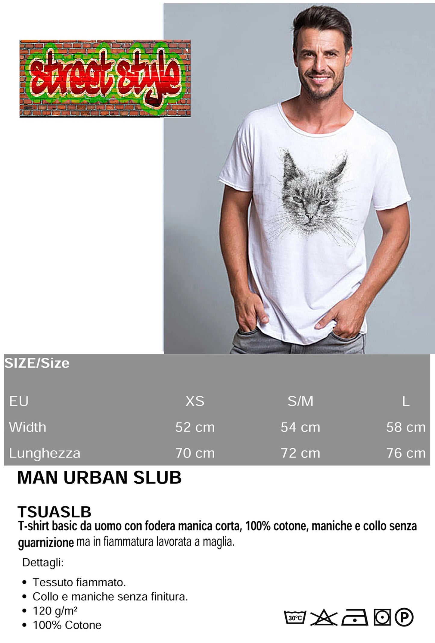 Gatto Stilizzato Color Cantante Soggetto 18-74 T-shirt Urban Slub Men Uomo 100% Cotone Fiammato BS STREET STYLE