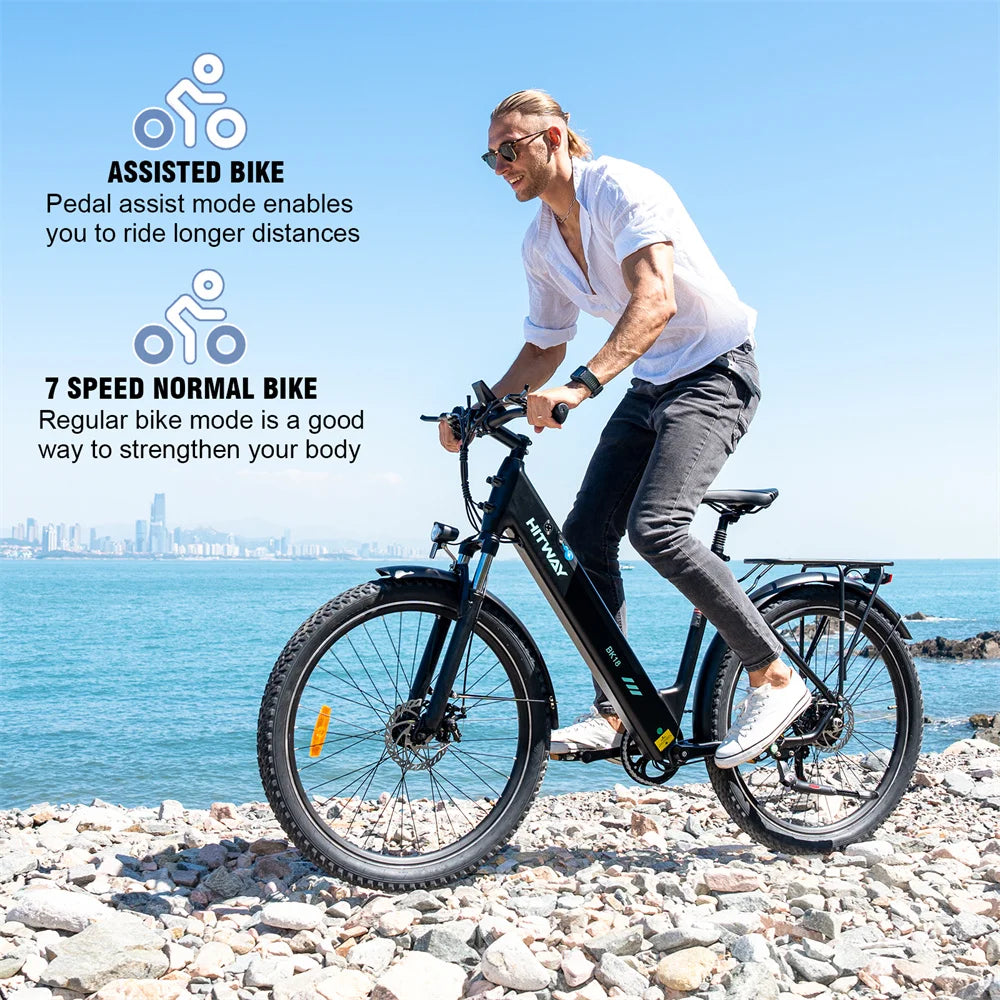 350w HITWAY BK18 27.5'' Aluminum Alloy Frame and 7 Speed Gears Electric Road Bike with for City Riding, CE Certified-4