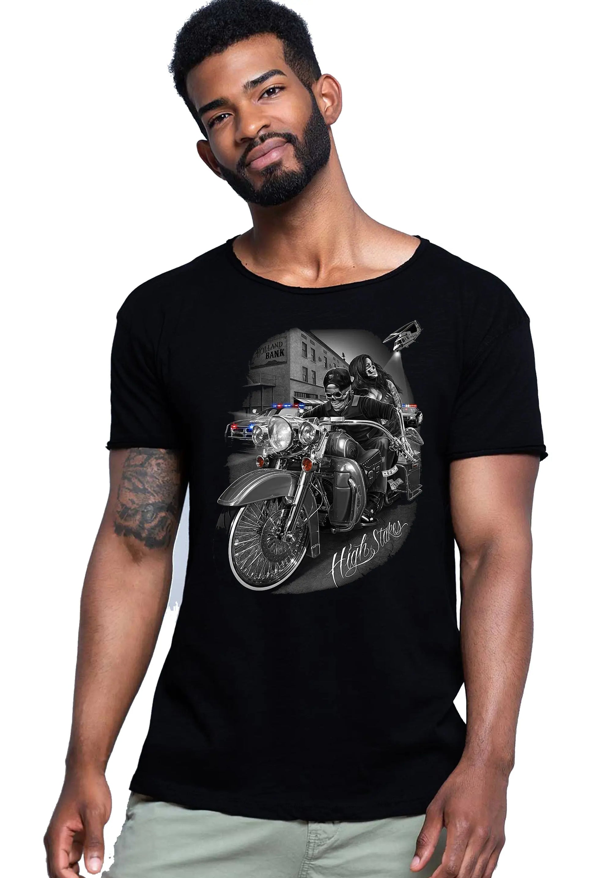 High Stares Tattoo Skull 9050-21 T-shirt Urban Slub Men Uomo 100% Cotone Fiammato JK STREET STYLE