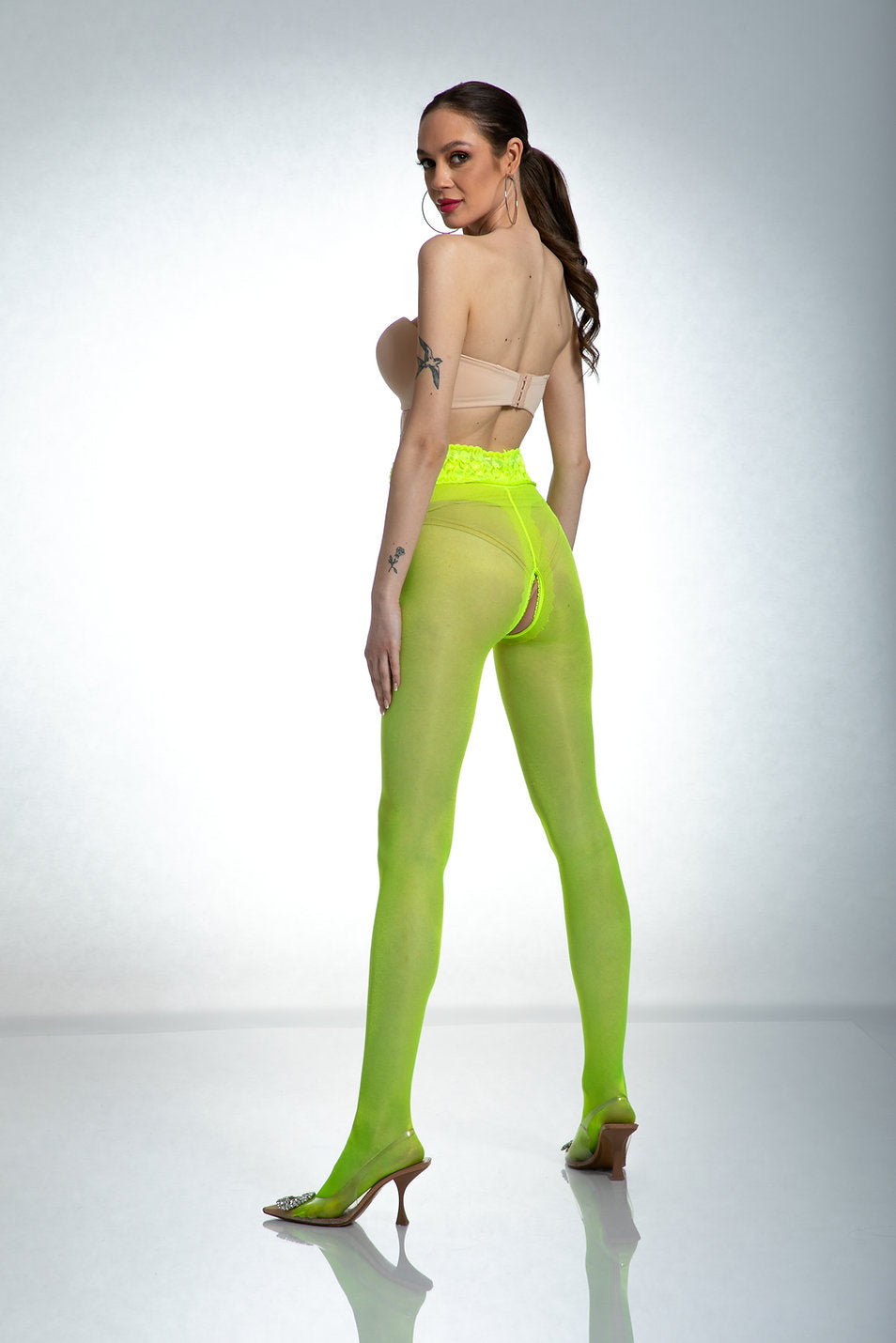 Open Crotch Pantyhose 30DEN Hip Lace Fluo Yellow-3