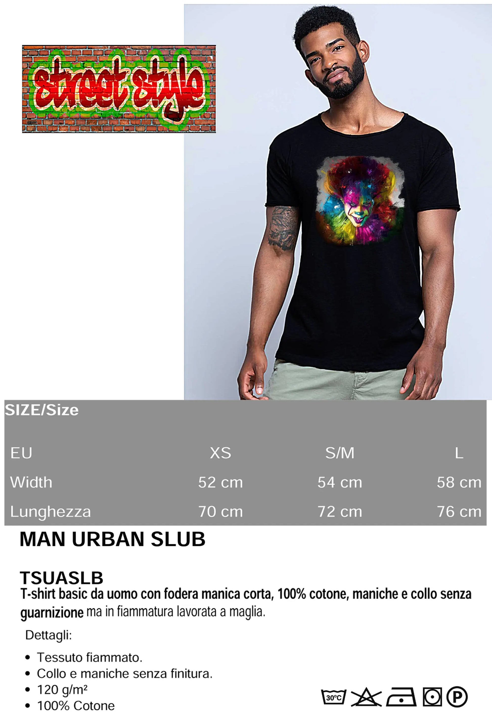 IT Clown Color Stilizzato 18-20-24 T-shirt Urban Slub Men Uomo 100% Cotone Fiammato JK STREET STYLE