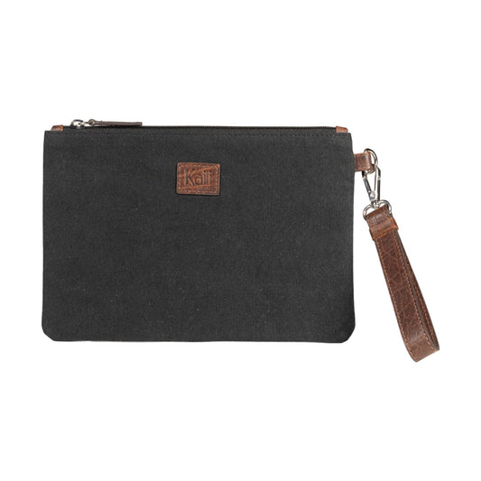 K0027AB | Wrist Bag in Canvas/Genuine Volanata Full Grain Leather - Black/Dark Brown Color - Polished Nickel Accessories. Dimensions: 25.5 x 17.5 x 1 cm - Packaging: TNT bag-0