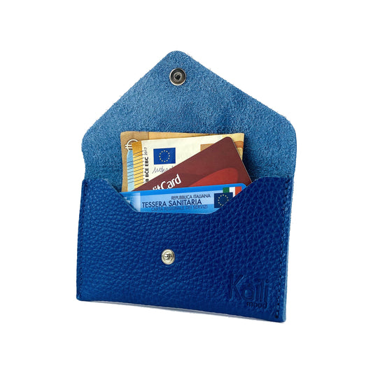 K0040DB | Sachet with flap Made in Italy in genuine full grain leather, dollar grain - Blue color - Dimensions: 13 x 8 x 0.5 cm - Packaging: Rigid bottom/lid gift box-0