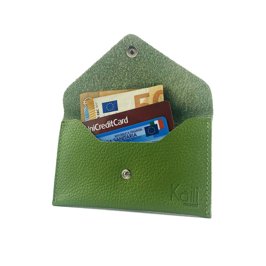 K0040EB | Sachet with flap Made in Italy in genuine full grain leather, dollar grain - Green color - Dimensions: 13 x 8 x 0.5 cm - Packaging: Rigid bottom/lid gift box-0