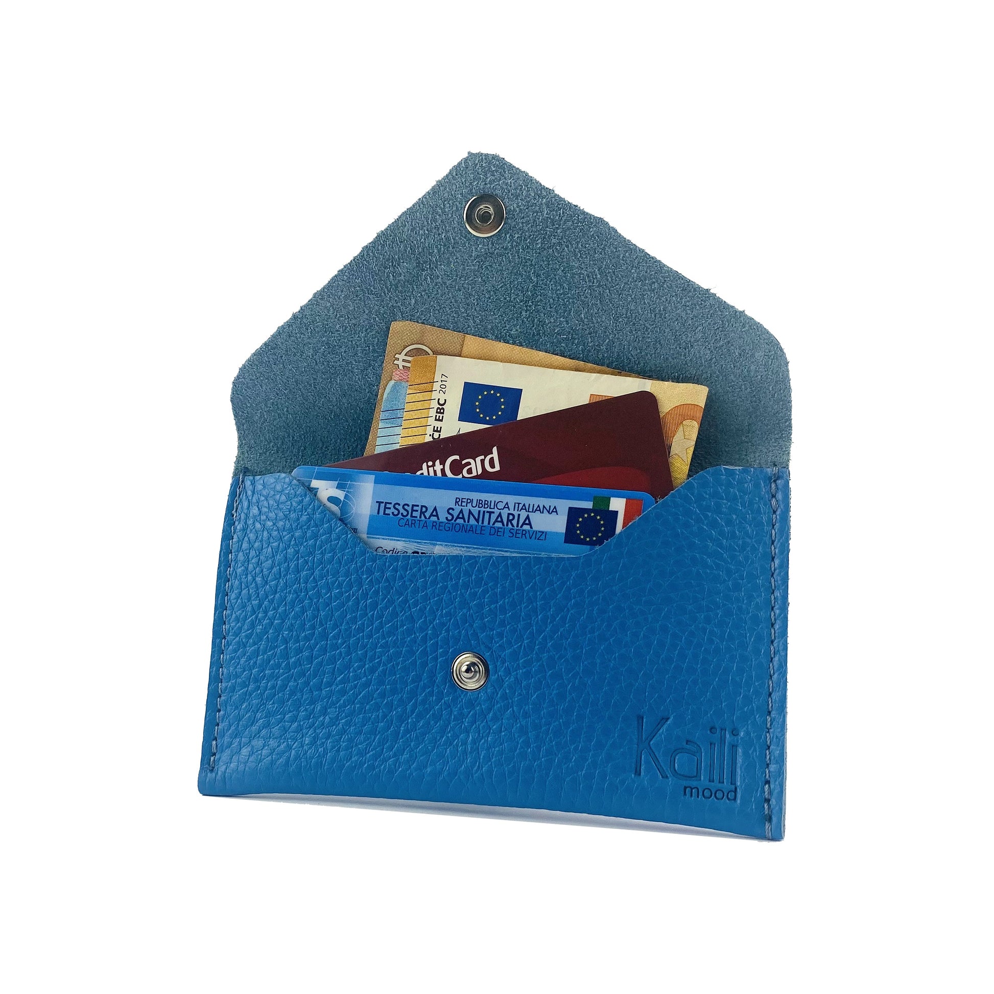 K0040OB | Sachet with flap Made in Italy in genuine full grain leather, dollar grain - Color light blue - Dimensions: 13 x 8 x 0.5 cm - Packaging: Rigid bottom/lid gift box-0