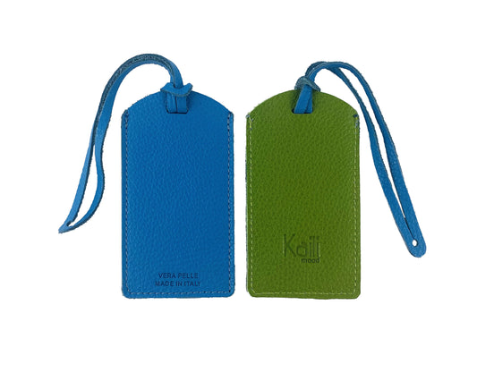 K0041EOB | Two-tone luggage tag Made in Italy in genuine full-grain leather, dollar grain - Green/light blue color - Dimensions: 6.5 x 12 cm - Packaging: Rigid bottom/lid gift box-0