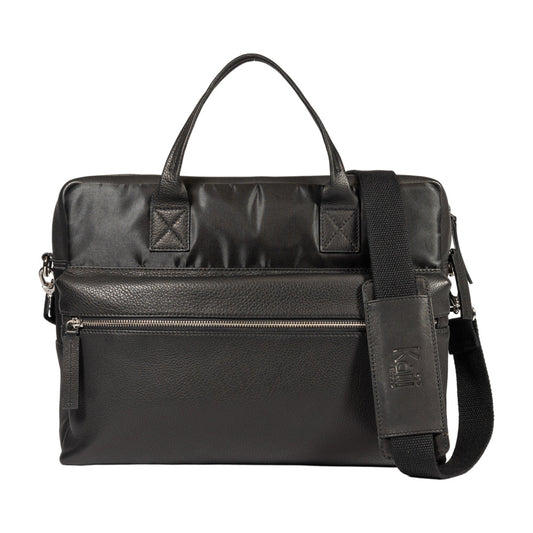 K0043AB | Briefcase in Waterproof Nylon/Genuine full grain leather with light grain - Black color - Internal pouch - Shiny silver accessories - Dimensions 39 x 30 x 12 cm - Packaging: Tnt bag-0