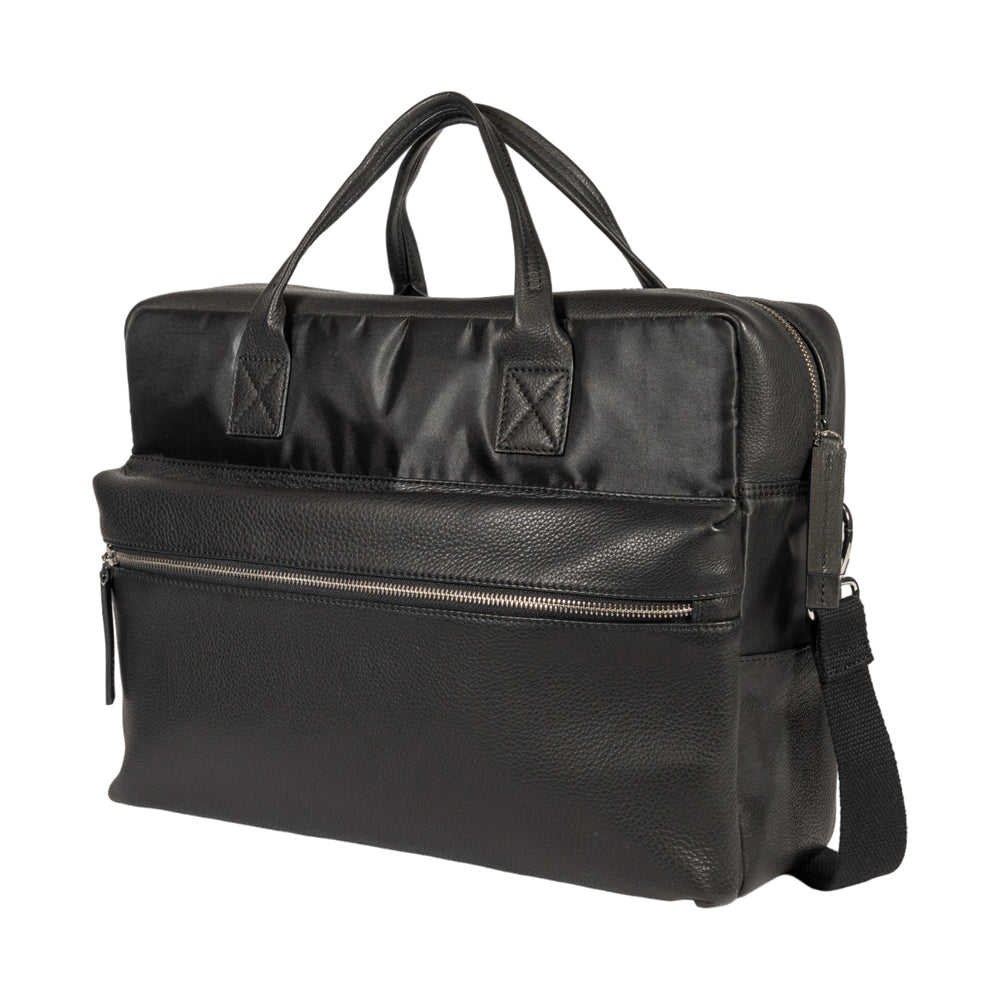 K0043AB | Briefcase in Waterproof Nylon/Genuine full grain leather with light grain - Black color - Internal pouch - Shiny silver accessories - Dimensions 39 x 30 x 12 cm - Packaging: Tnt bag-1