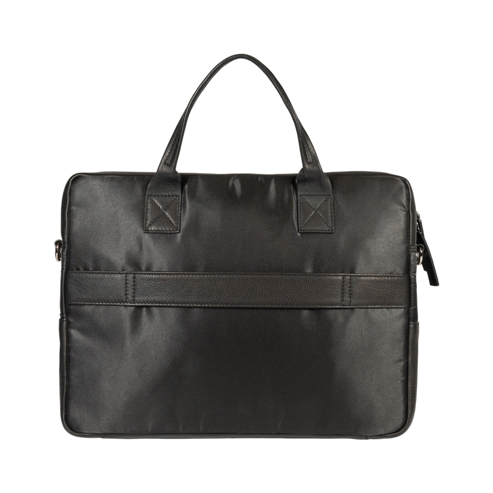 K0043AB | Briefcase in Waterproof Nylon/Genuine full grain leather with light grain - Black color - Internal pouch - Shiny silver accessories - Dimensions 39 x 30 x 12 cm - Packaging: Tnt bag-4