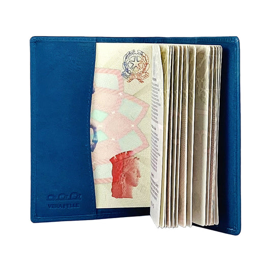 K10237MB | Passport Cover in Genuine Full Grain Leather, with light grain. Color Blue Jeans. Dimensions when closed: 10 x 14 x 1 cm - Packaging: Rigid bottom/lid gift box-0