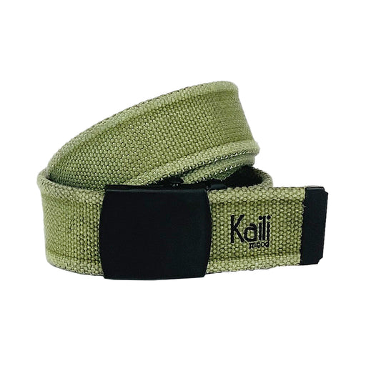 K4010EB | Stone Washed Canvas Ribbon Belt Col. Green with Matt Black Buckle. Dimensions: 125 x 4 x 0.5 cm One size - Can be shortened. Packaging: Rigid bottom/lid gift box-0