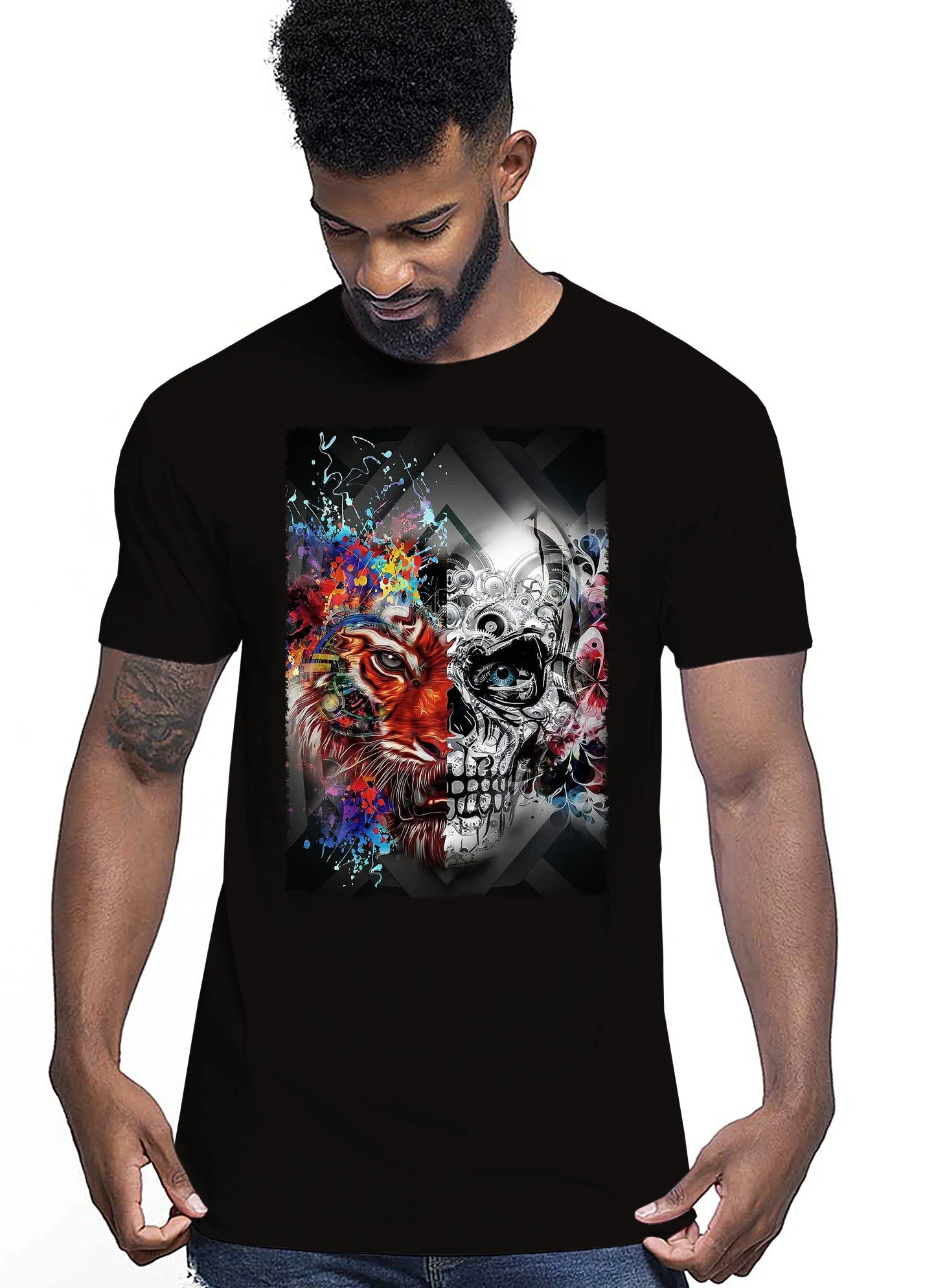 Leoskull Artistic Color Tattoo 9038 T-shirt Urban Men Uomo 100% Cotone Pettinato JK STREET STYLE