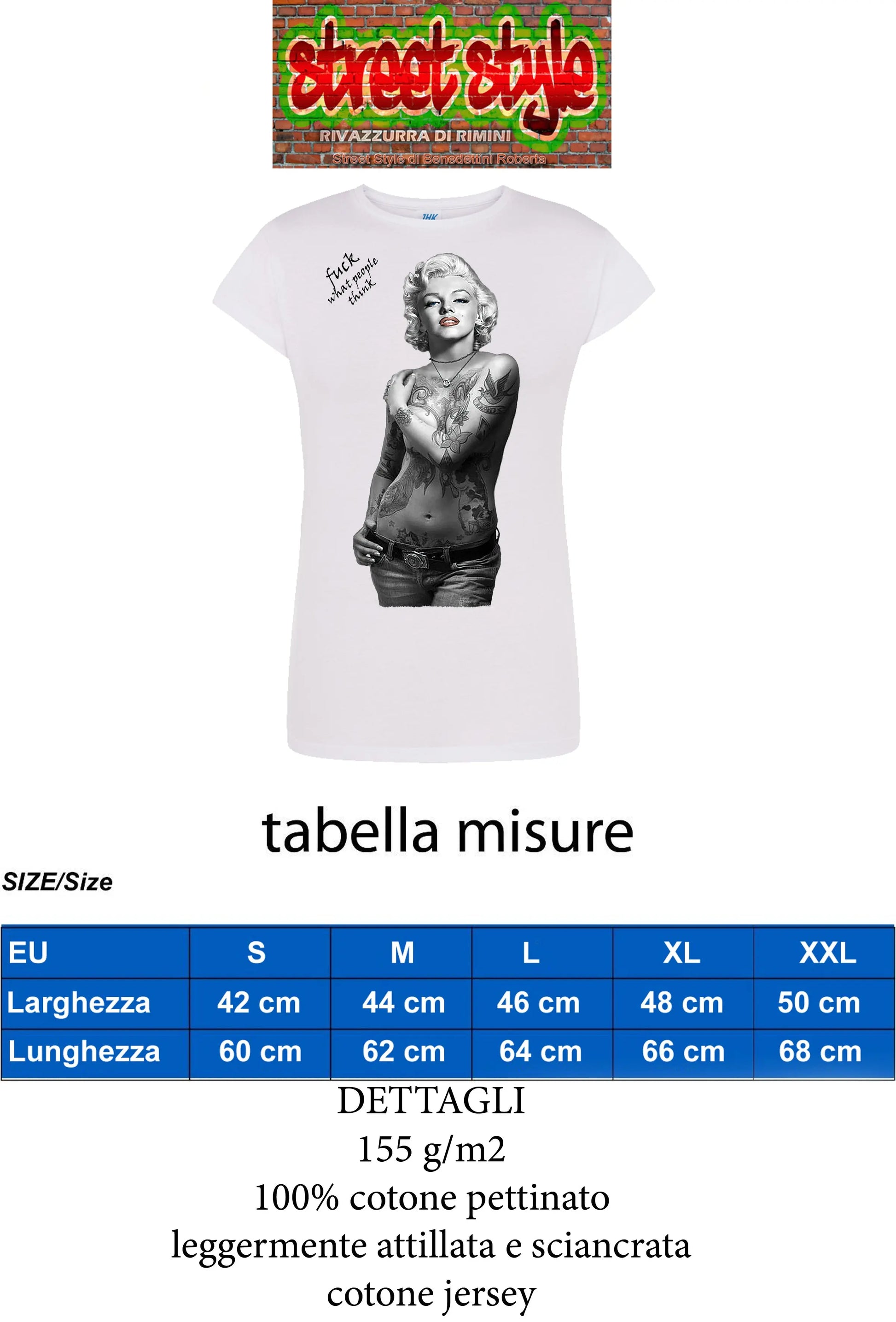 Marilyn Monroe Tattoo Legend Soggetto Attrice Cantante 9033-2 Lady Donna 100% Cotone Pettinato JK STREET STYLE