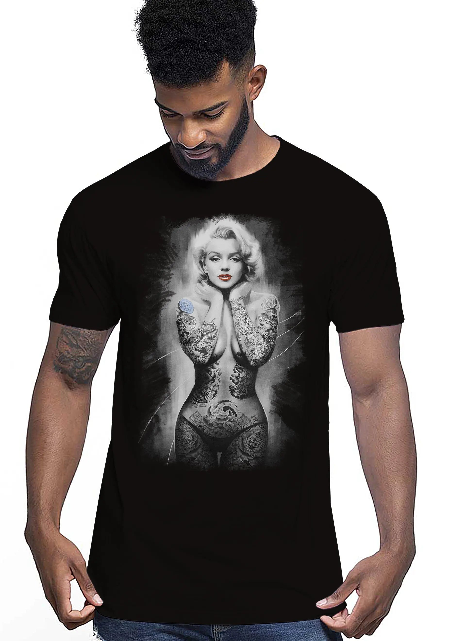 Marilyn The legend Atrice Nude Tattoo 9033-4 T-shirt Urban Men Uomo 100% Cotone Pettinato JK STREET STYLE