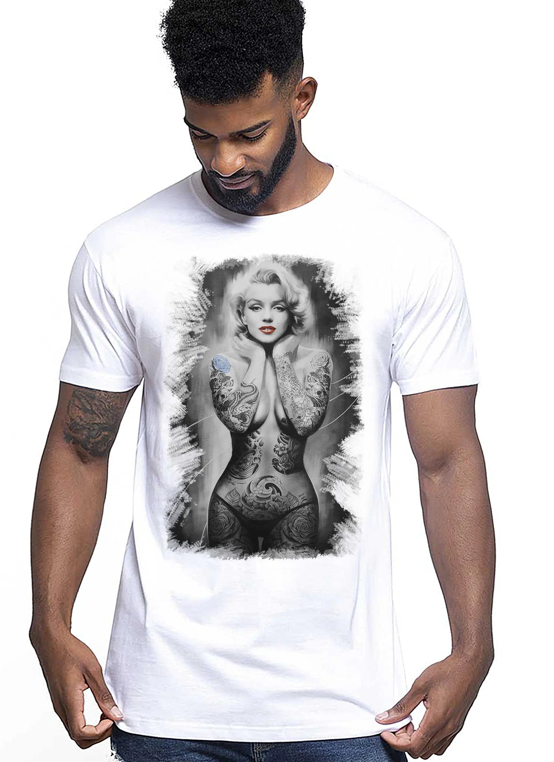 Marilyn The legend Atrice Nude Tattoo 9033-4 T-shirt Urban Men Uomo 100% Cotone Pettinato JK STREET STYLE