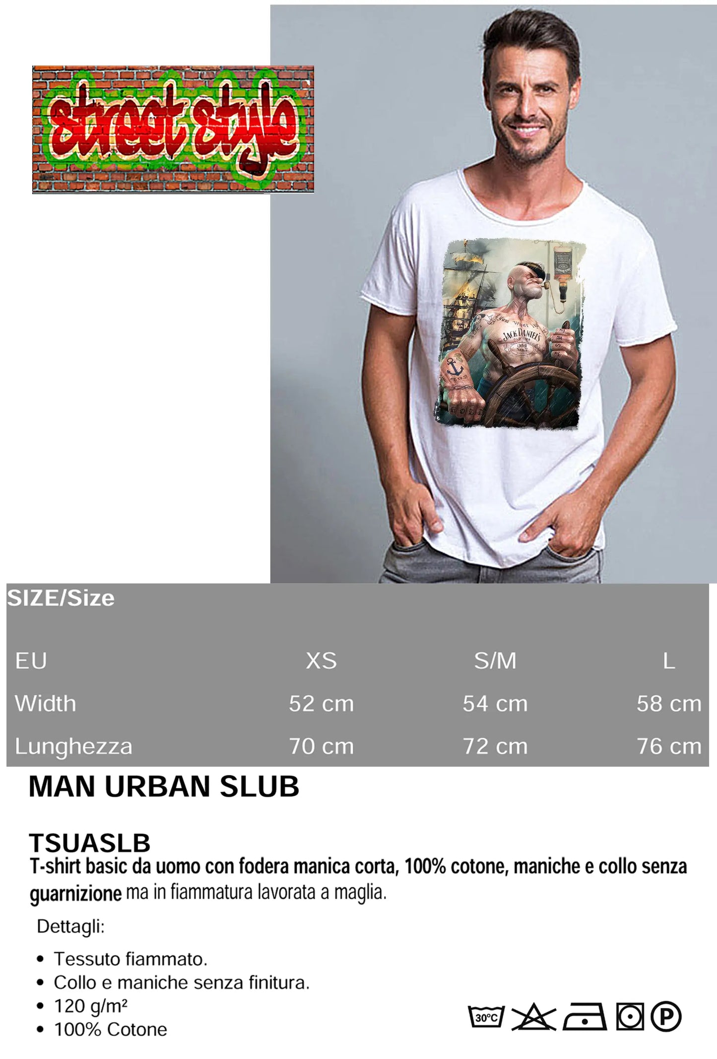 Popeye Jack Daniels Cartoon Fumetti 2075-14 T-shirt Urban Slub Men Uomo 100% Cotone Fiammato BS STREET STYLE