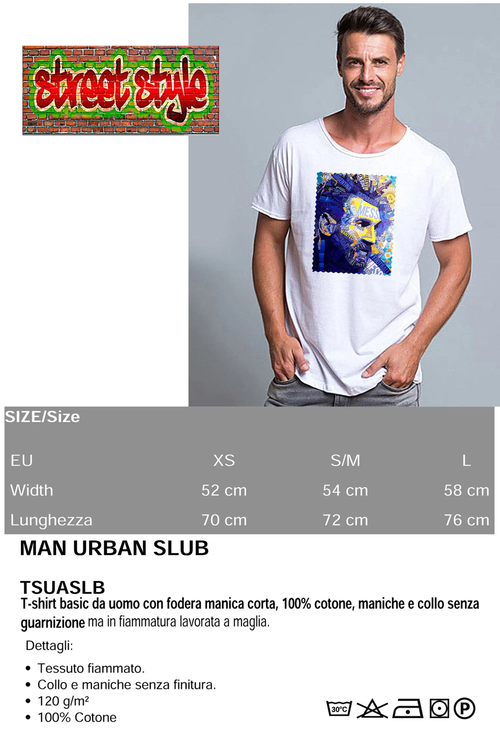 Portrait Messi Color Artistico Stilizzato 18-30-20 T-shirt Urban Slub Men Uomo 100% Cotone Fiammato JK STREET STYLE