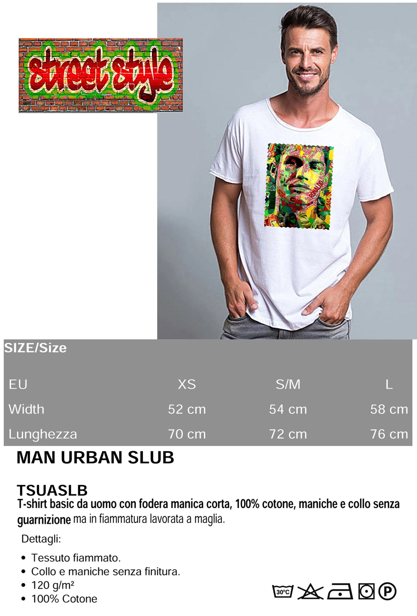 Portrait Ronaldo Color Artistico Stilizzato 18-30-19 T-shirt Urban Slub Men Uomo 100% Cotone Fiammato JK STREET STYLE