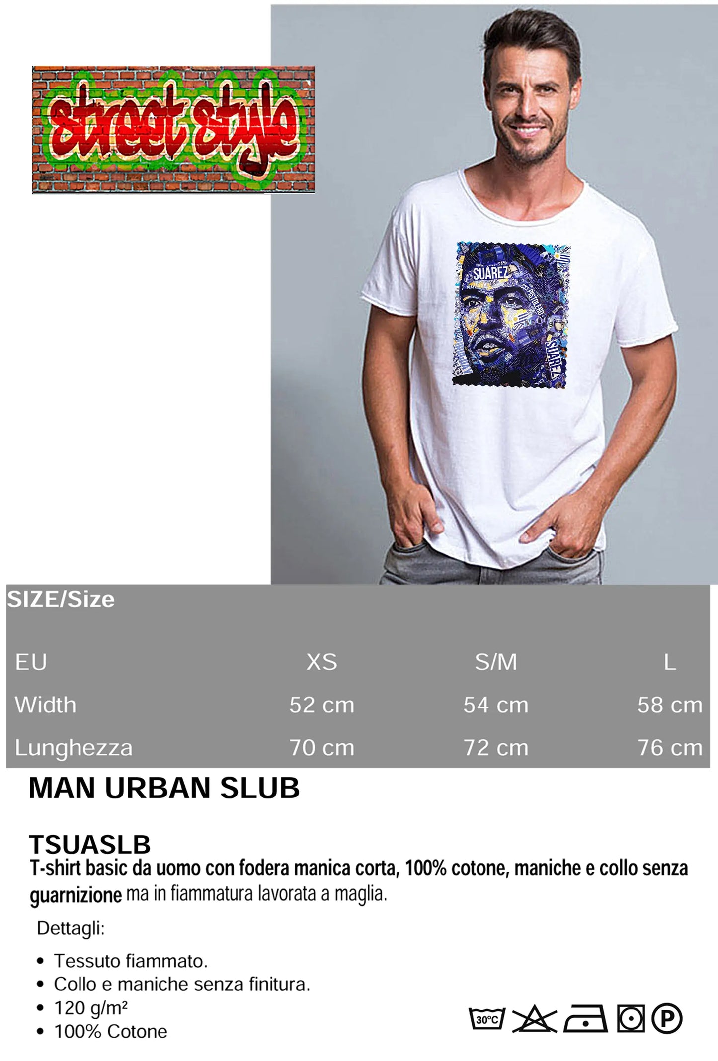 Portrait Suarez Color Artistico Stilizzato 18-30-21 T-shirt Urban Slub Men Uomo 100% Cotone Fiammato JK STREET STYLE