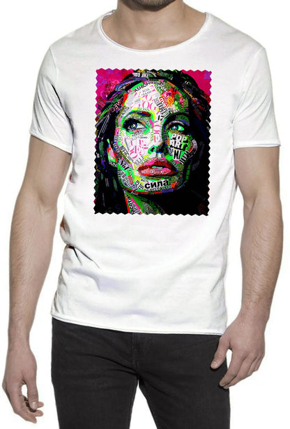 Potrait Angelina Jolie Color Artistico Stilizzato 18-30-10-2 T-shirt Urban Slub Men Uomo 100% Cotone Fiammato JK STREET STYLE