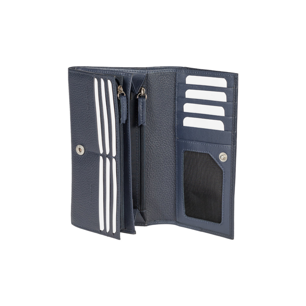 RB12129D | Women's Wallet in Genuine Full Grain Leather, Dollar Grain/Light. Color Blue. RFID Protection. Closed Dimensions: 18.5 x 10 x 3 cm. Packaging: Gift box bottom/lid-1