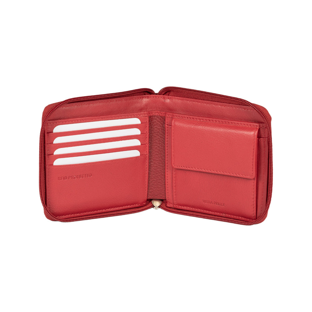 RB12175V | Zip Around Wallet in Genuine Full Grain Leather, Dollar Grain/Light. Color Red. RFID Protection. Closed Dimensions: 11.5 x 10.5 x 2 cm. Packaging: Gift Box Bottom/Lid-1