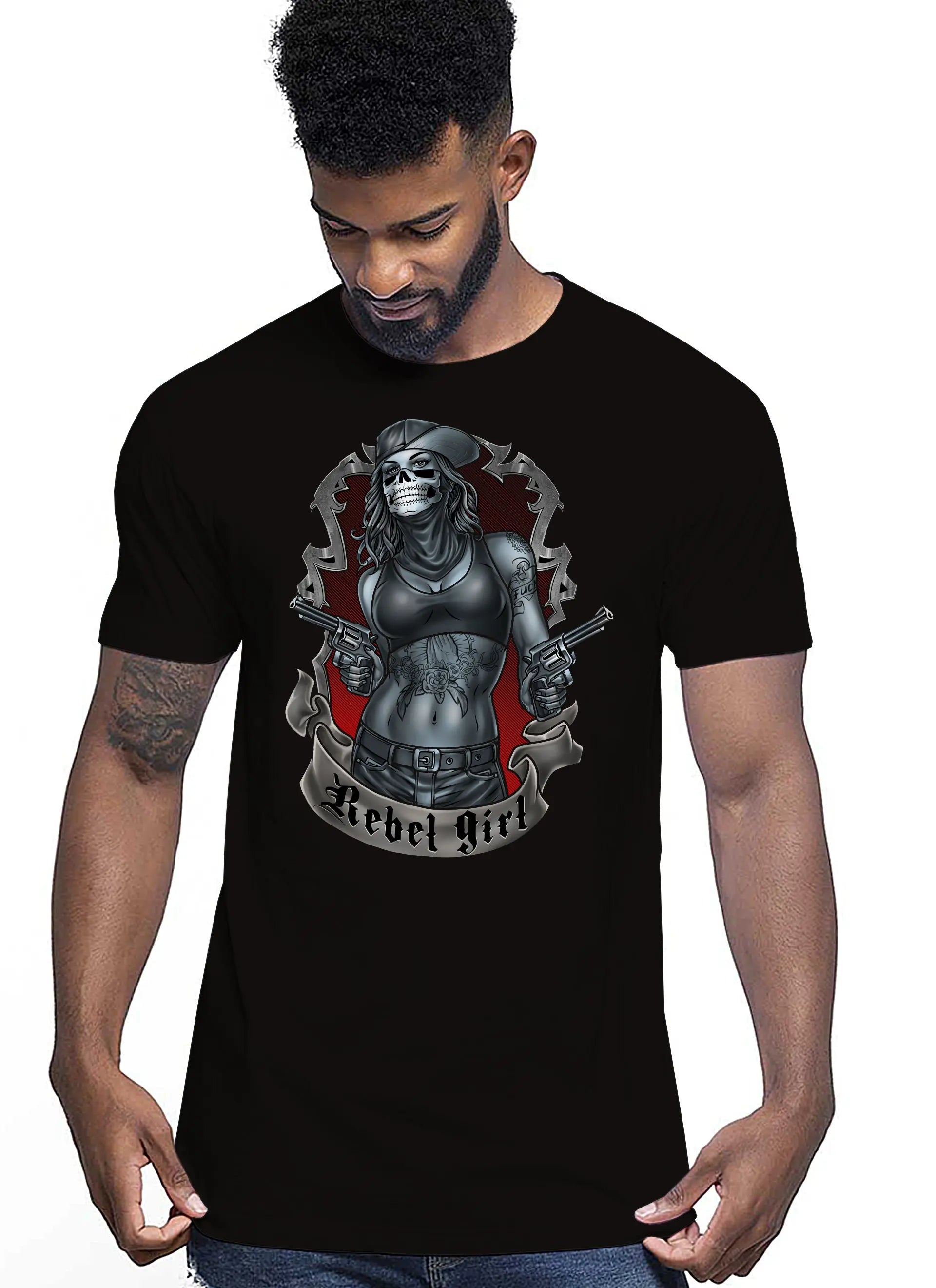 Rebel Girl Skull Tattoo 9046 T-shirt Urban Men Uomo 100% Cotone Pettinato JK STREET STYLE