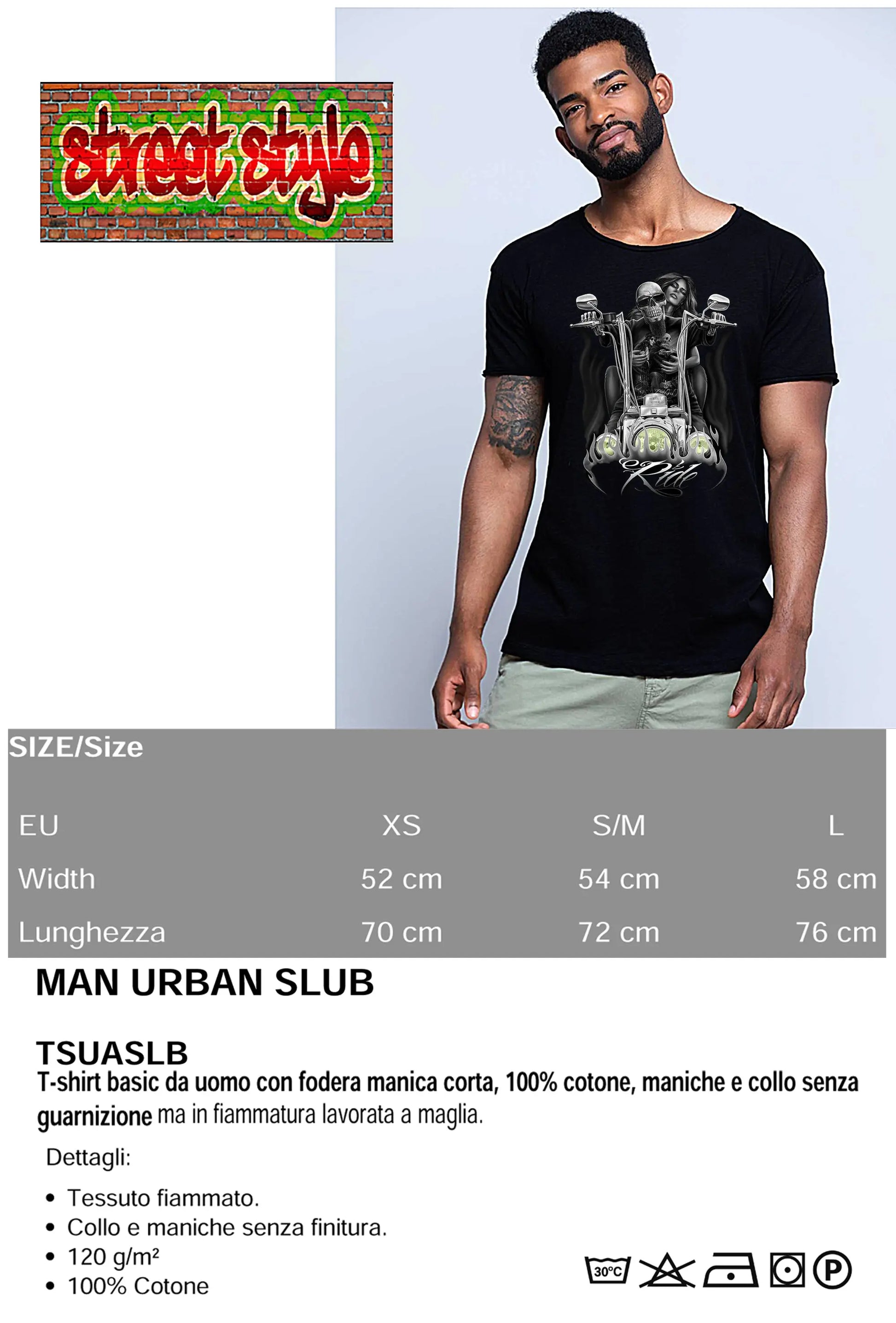 Ride Fire Tattoo Skull 9050-28 T-shirt Urban Slub Men Uomo 100% Cotone Fiammato JK STREET STYLE