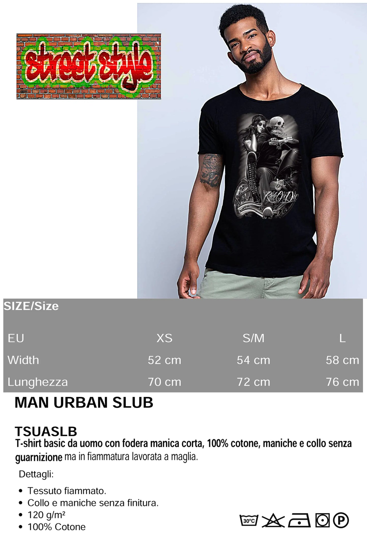 Ride o Die Tattoo Skull 9050-15 T-shirt Urban Slub Men Uomo 100% Cotone Fiammato JK STREET STYLE