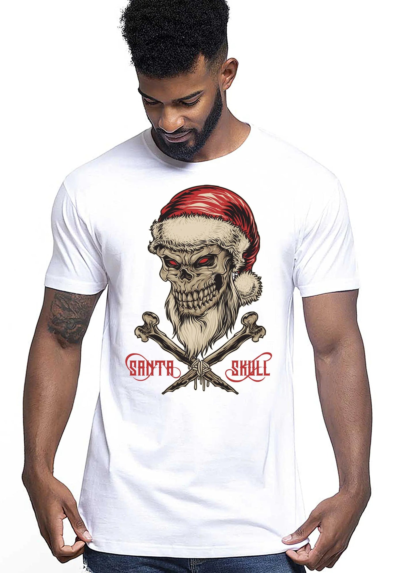 Santa Skull Tattoo 9047 T-shirt Urban Men Uomo 100% Cotone Pettinato JK STREET STYLE