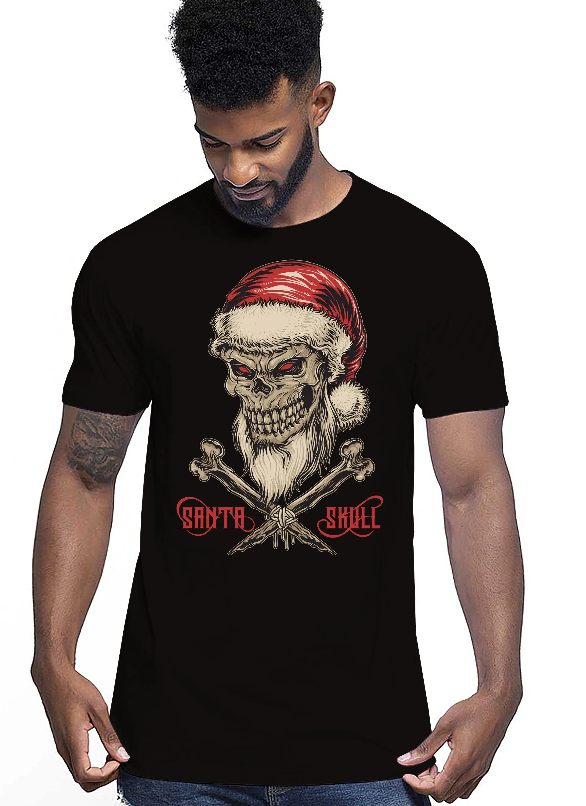 Santa Skull Tattoo 9047 T-shirt Urban Men Uomo 100% Cotone Pettinato JK STREET STYLE