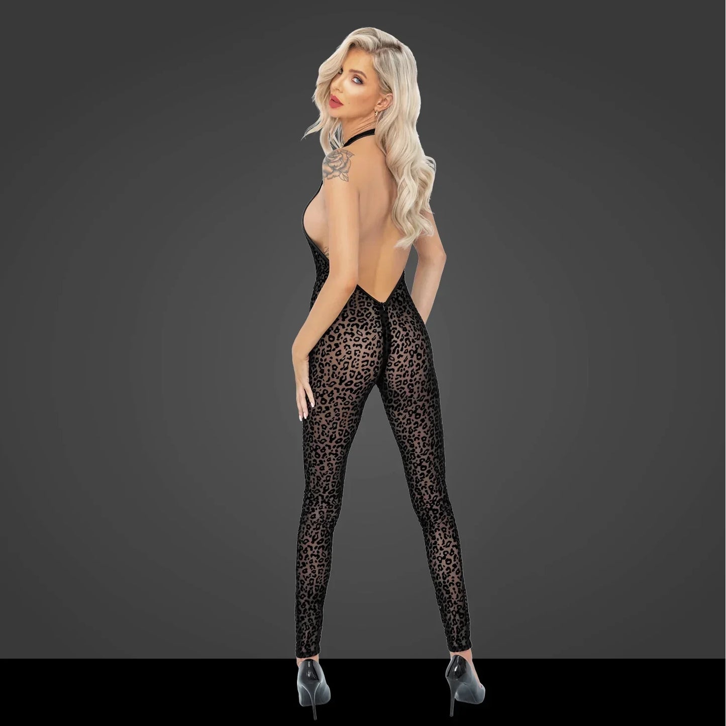 See Through Leopard Flock Halter Catsuit Noir Handmade - STREET STYLE