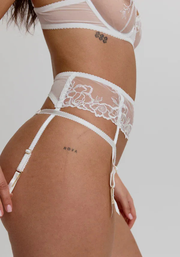 Sheer Mesh Embroidered Garter Belt Blush Enchant White - STREET STYLE