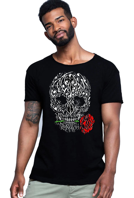 Skull and Rose Tattoo Skull 9025 T-shirt Urban Slub Men Uomo 100% Cotone Fiammato JK STREET STYLE
