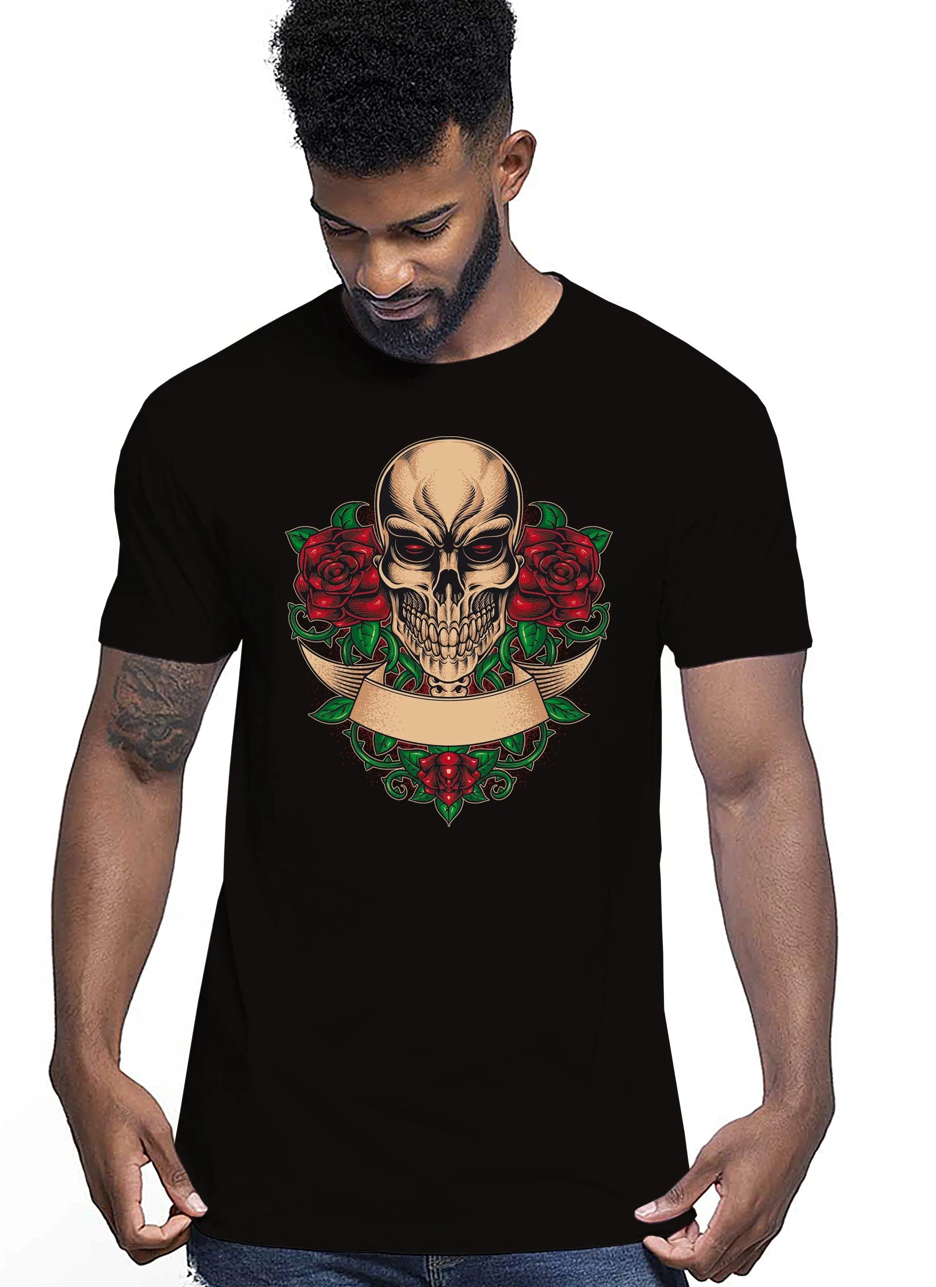 Skull and Roses Skull Motor Tattoo 9051 T-shirt Urban Men Uomo 100% Cotone Pettinato JK STREET STYLE